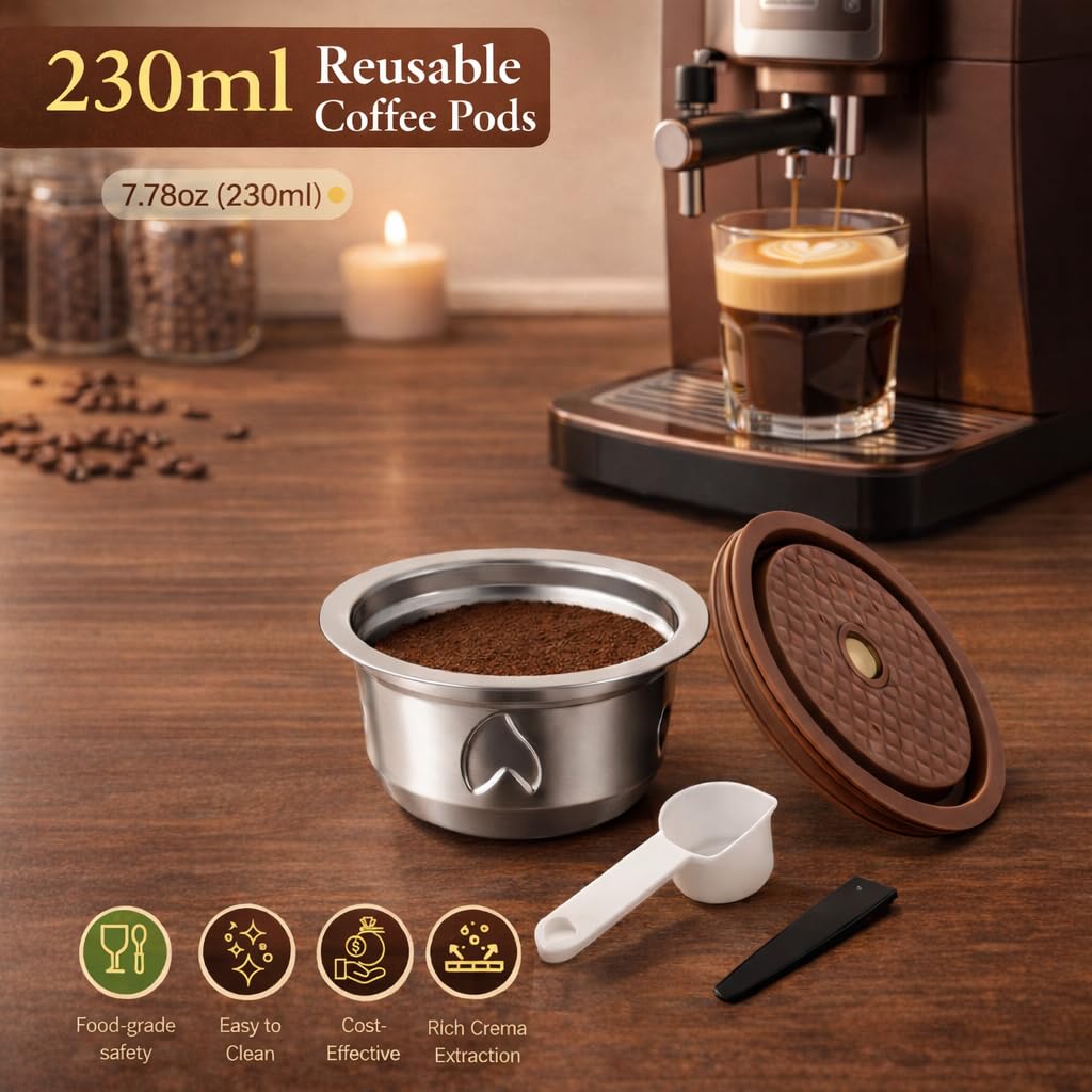 Refillable Coffee Capsule: Compatible with Nespresso VERTUO Coffee Capsules, Stainless Steel 230ml Capacity Reusable Coffee Filter Pod Kit for Home, Office