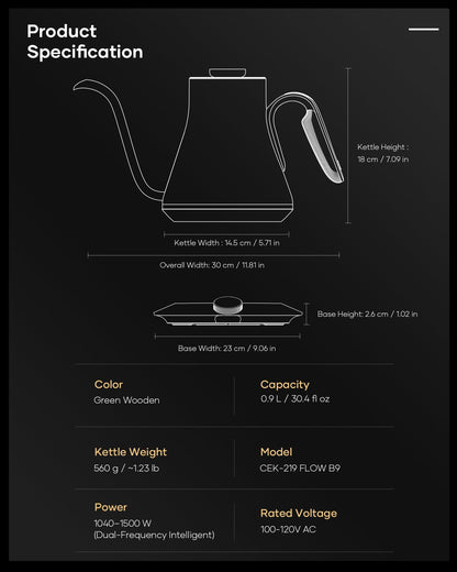 Cocinare Gooseneck Electric Kettle, ±1°F Precise Temperature Control, 1500W Fast Heating, Pour Over Coffee & Tea Kettle with Brew Timer & Keep Warm, Stainless Steel, 0.9L (Delacroix Green)