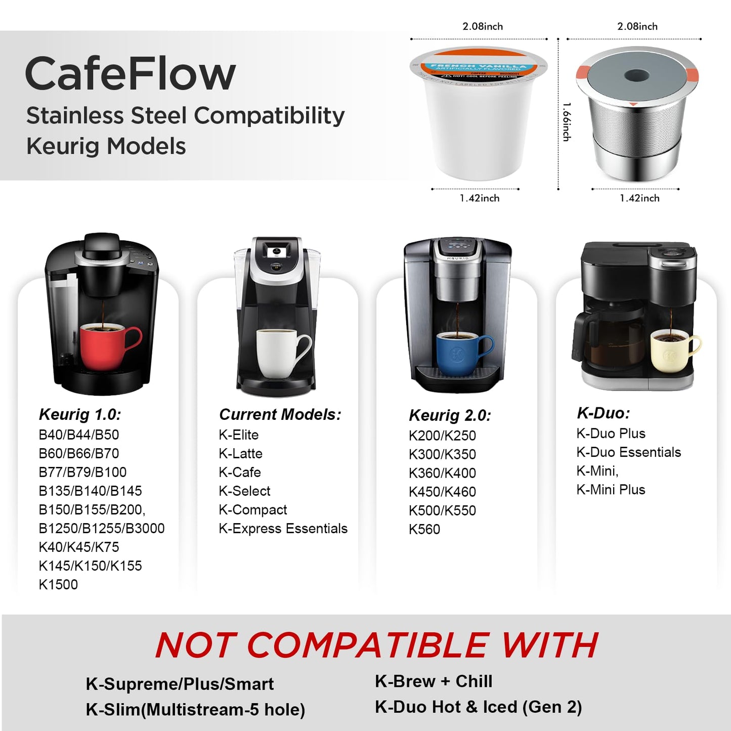 Noalto Reusable K Cups and Coffee Pods,Universal stainless steel k Cups for Keurig 2.0 and 1.0 Coffee Makers machine(2pack)